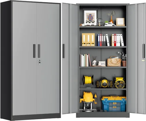 Vista 8 de Greenvelly Armario de almacenamiento de metal con puertas y estantes, armario de almacenamiento con cerradura de 36 pulgadas para oficina, gabinete