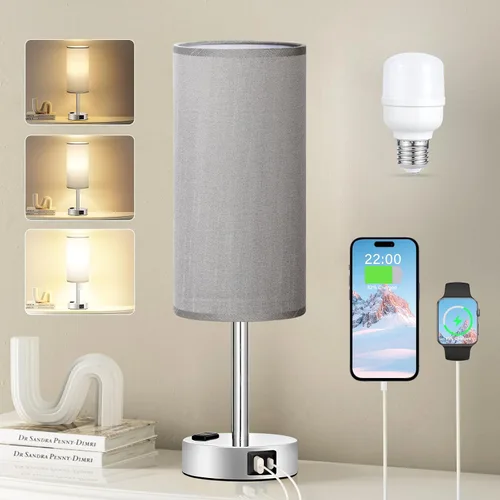 Vista 27 de Fenmzee Juego de lámparas de mesa pequeñas táctiles regulables de 2 a 3 vías, carga USB A + C, salida de CA, base de grano de madera, bombillas