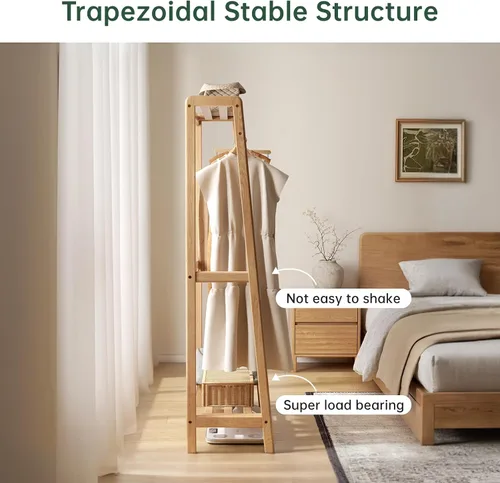 Vista 6 de Perchero de madera maciza, perchero con estantes para dormitorio, sala de estar, entrada, 16 x 20 x 63 pulgadas, madera de roble, natural