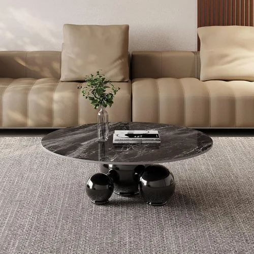 Vista 7 de Mesa de centro redonda moderna de mármol, 39.4 pulgadas, parte superior de aspecto de mármol negro con base de bola negra, mesa central para sala