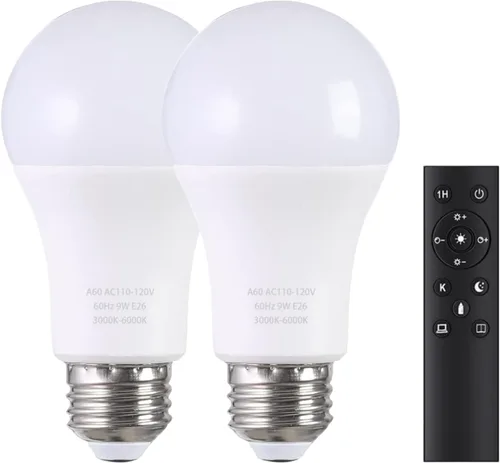 Vista 10 de Bombillas LED A19 con control remoto, 800LM 9W, bombillas LED equivalentes a 60 W, regulables continuas 3000K-6000K, base E26, CRI 80+, 2.4 GHz, más