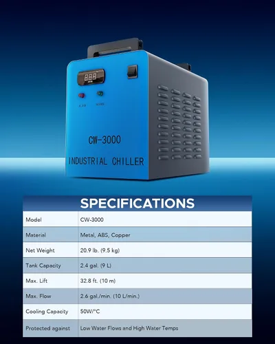 Vista 8 de OMTECH Enfriador de agua industrial 9L 2.6gpm CW-3000 enfriador de agua para 40W K40 CO2 grabado láser y máquinas de corte, sistema de refrigeración