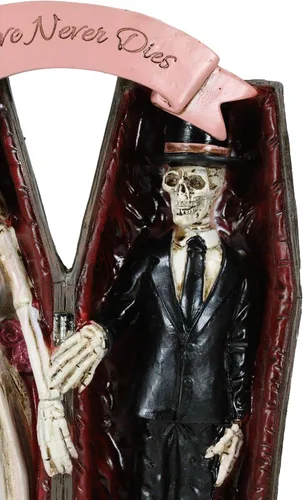 Vista 7 de Ebros Gift Love Never Dies - Figura decorativa de 10 pulgadas de alto, esqueleto de boda, pareja nupcial tomados de la mano dentro del ataúd