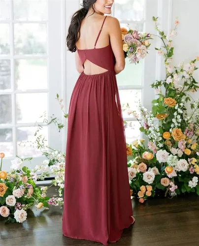 Vista 4 de Vestido formal de gasa con cuello en V para mujer, vestido formal hasta el suelo