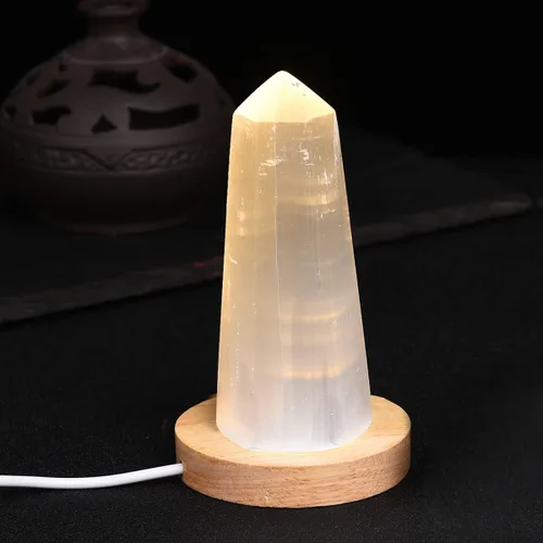 Vista 7 de JIC Gem Lámpara de selenita USB con forma de hongo blanco, pequeña lámpara de cristal de selenita de 3,1 pulgadas con base de soporte de luz