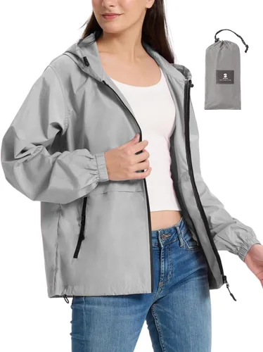 Vista 7 de Chaqueta ligera de lluvia para mujer, impermeable y transpirable, chaqueta con capucha plegable, cortavientos con capucha Beige