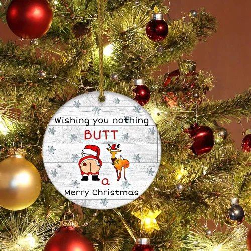 Vista 4 de Adorno de cerámica divertido - Papá Noel travieso y ciervo "Deseo que no te traiga nada más que una feliz Navidad" - Adornos para el hogar, adorno