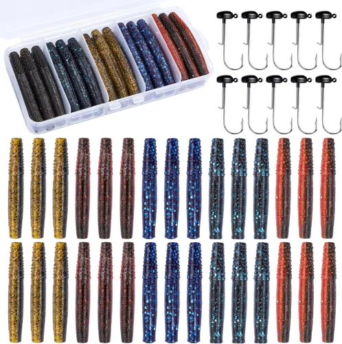 Vista 8 de Soft Plastic Worm Fishing Lures Kit, Finesse TRD Stick Worms and Ned Rig Baits with Jig Heads for Bass Fishing, Freshwater Bass Soft Baits