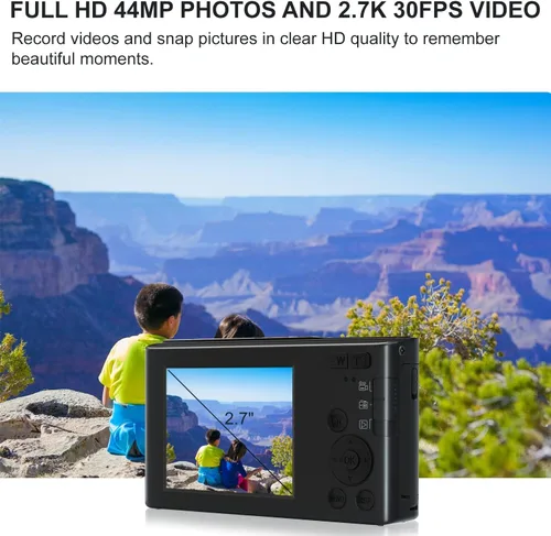 Vista 2 de Cámara digital compacta de 44 MP para apuntar y disparar con tarjeta SD de 32 GB, zoom digital 16X, cámara para niños de 2.4 pulgadas, cámara