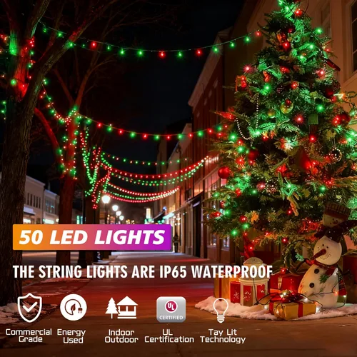 Vista 5 de Cadena de luces LED de 25 pies, 50 L, 6 pulgadas de espacio, cable verde, rojo y verde