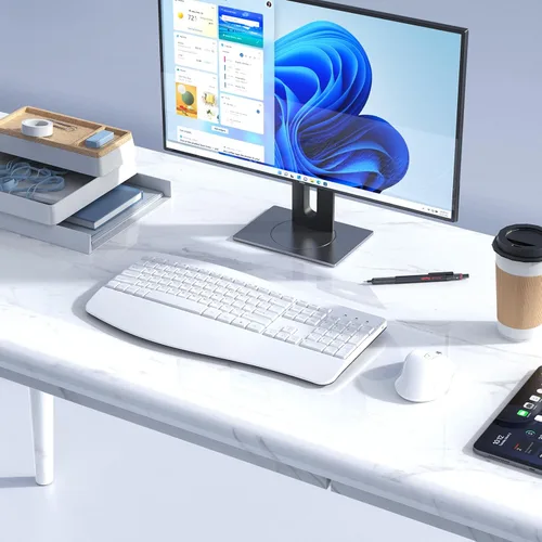 Vista 7 de Combo ergonómico de teclado y mouse, teclado inalámbrico de computadora de tamaño completo con reposamuñecas de palma mouse ergonómico para Blanco