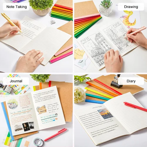 Vista 5 de feela Paquete de 16 cuadernos de composición a granel, con cubierta de papel kraft con rayas universitarias, diarios de viaje con espinas arcoíris