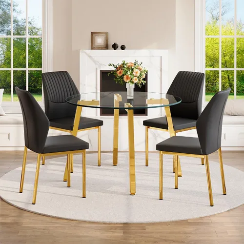 Vista 16 de Juego de mesa de comedor de cristal para 4, mesa rectangular con 4 sillas de cocina de cuero blanco, juego de comedor de cocina de 51 pulgadas, mesa