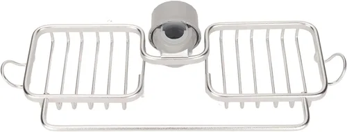 Vista 2 de Estante de almacenamiento para grifo, organizador de aluminio, plástico, dos contenedores con barra de toalla para esponja trapo, cocina, baño, plata