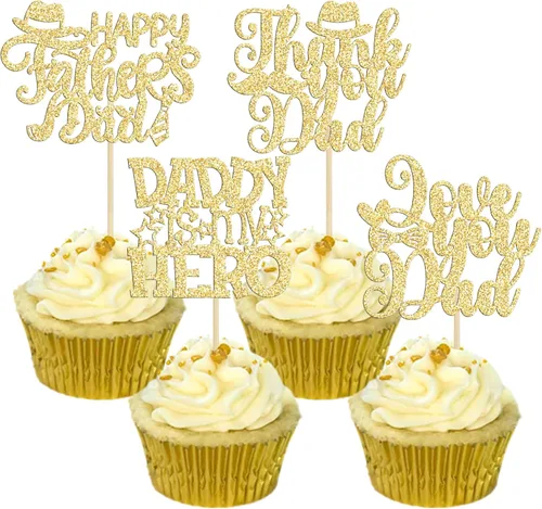 Vista 8 de Gyufise 24 adornos para cupcakes con purpurina para el Día del Padre, diseño de bigote con purpurina, para papá, mejor papá, herramienta