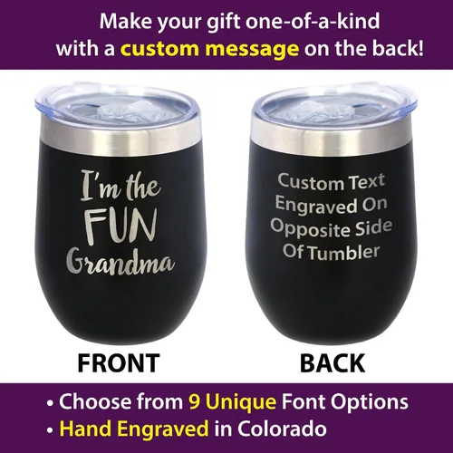 Vista 2 de Custom Fun Grandma Insulated Wine Tumbler Camping Gift - 12 oz Bevvee Custom personalized outdoor Camping Gifts. 18/8 stainless steel keeps drinks