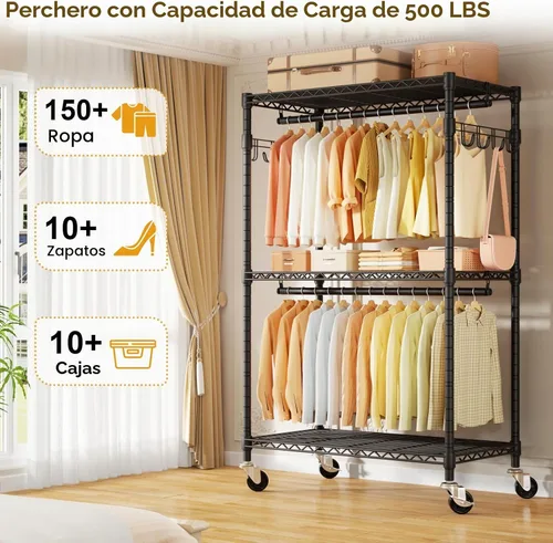 Vista 2 de ULIFHOME P1 Perchero enrollable, armario portátil con ruedas, perchero resistente para colgar ropa, 35,5" de ancho x 15,7" de profundidad x 80,5