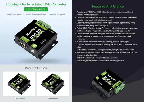 Vista 3 de Waveshare CH343G USB a RS232/485/TTL Interfaz Industrial Aislado Convertidor Protección Circuitos y Carcasa de Aleación de Aluminio para Equipos