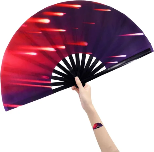 Vista 22 de Abanico grande plegable de mano para baile de línea, abanico de clic para botas en el suelo, para baile, fiesta, decoración, festival (Alien)