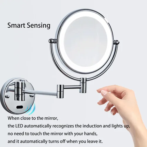 Vista 2 de GAUDIE Espejo de maquillaje LED con sensor inteligente con luces y aumento de 10X, espejo de tocador extensible giratorio de doble cara montado