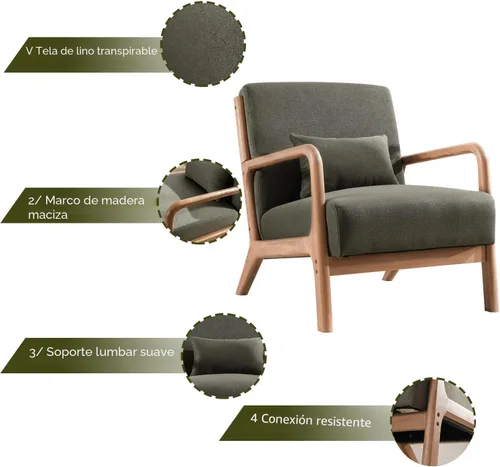 Vista 3 de INZOY Silla con acento moderno de mediados de siglo con marco de madera, sillas tapizadas para sala de estar con cojín lumbar, silla de lectura