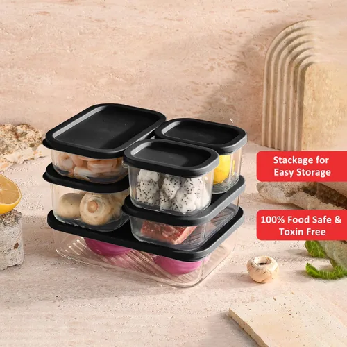 Vista 6 de EATEX Paquete de 6 recipientes de vidrio para preparación de comidas con base ranurada, 6 recipientes de almacenamiento de vidrio apilables sin BPA