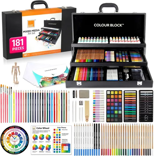 Vista 10 de COLOUR BLOCK Juego de arte mixto de 181 piezas en exquisita caja de madera, pinturas acrílicas y de acuarela, bocetos, lápices de colores, pasteles