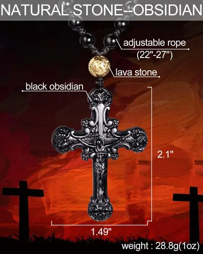 Vista 4 de Collar largo con colgante de cruz de obsidiana negra para mujeres y hombres, cristales y piedras con cuentas, amuleto ajustable, regalos de joyería