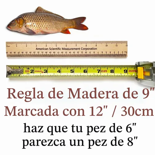 Vista 2 de Regla de truco, 2 piezas, broma de mejora de tamaño, 33% más grande, madera, 9 pulgadas