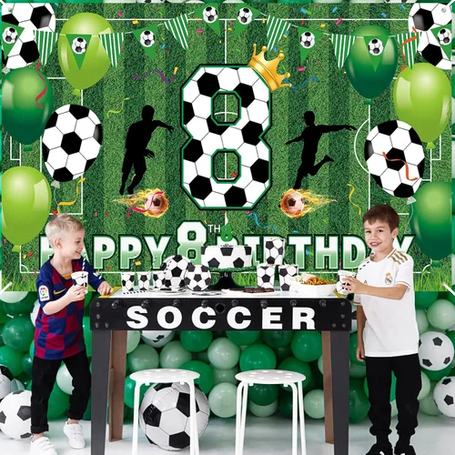 Vista 4 de Decoraciones de fiesta de 8 cumpleaños de fútbol – Cartel de feliz cumpleaños para niños, niños, adolescentes – Suministros grandes para fiestas