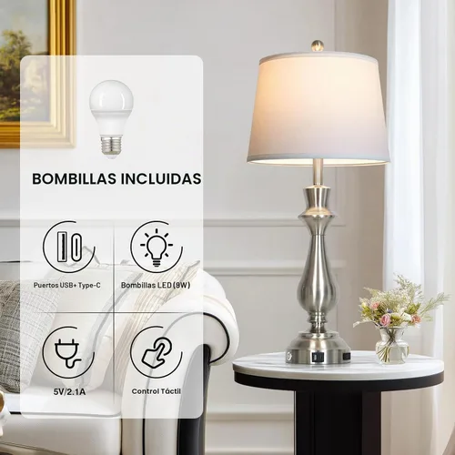 Vista 2 de Moderna lámpara de mesa plateada para sala de estar, lámpara de noche de 30 pulgadas de alto con puerto de carga USB, lámpara de mesita de noche