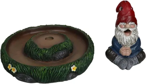Vista 4 de Ebros Gift Gnaughty Pot Gnomo de alto fumar amigo de jardín girasoles hierba verde meditación Zen cono y palo quemador de incienso soporte figura