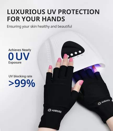 Vista 2 de AIRSEE Guantes de protección UV UPF 50+ de alta calidad para manicura de gel, diseño sin dedos para uso profesional solón y doméstico, anti UVA/UVB