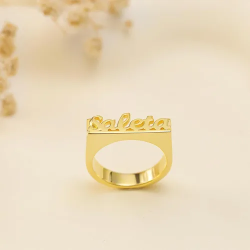 Vista 8 de Xianofu Anillos con nombre personalizados para mujer, chapados en oro de 18 quilates, hechos a mano, anillos gruesos con inicial, anillos