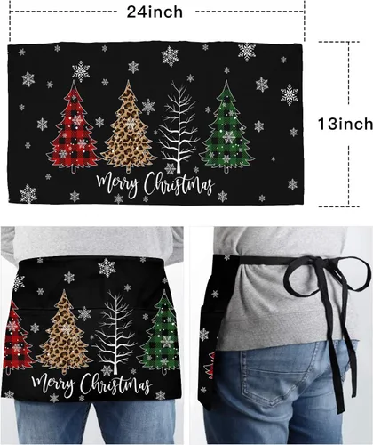 Vista 6 de PIEPLE Delantal de camarera de árbol de Navidad con 3 bolsillos, delantales de media cintura para camarero, delantales de chef para mujeres