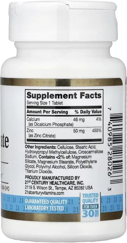 Vista 2 de 21st Century Healthcare - Tabletas de citrato de zinc de 50 mg, 60 unidades Zinc Citrate 50 mg, Immune & Antioxidant Support, A Highly Available