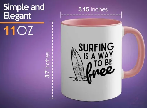 Vista 5 de Surfing Two Tone Pink Edition Taza de café de 11 oz – Surfing is free A – Surfing is free A – Surfing is free A – Surfing ing Enthusiast Gifts Water