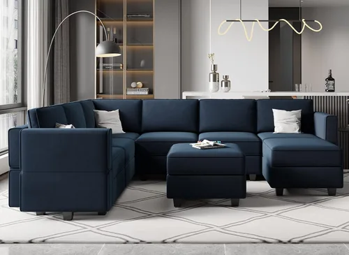 Vista 3 de Belffin - Sofá modular de terciopelo con asiento de almacenamiento, sofá en forma de U de gran tamaño con diván reversible, con otomana, color azul