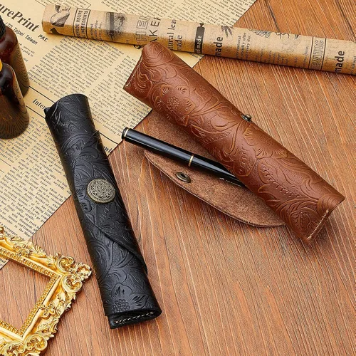 Vista 5 de Zonon 2 piezas vintage hechas a mano de cuero para bolígrafos tallados en rollo de cuero para la escuela, oficina en casa, marrón y negro