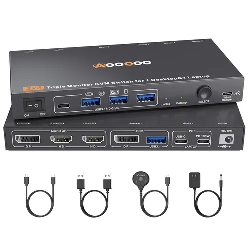 Vista 10 de Conmutador KVM USB C DP, 3 computadoras, 3 monitores, interruptor KVM MST 4K/1080P a 60Hz para 1 PC y 2 portátiles Share 3 monitores con 4