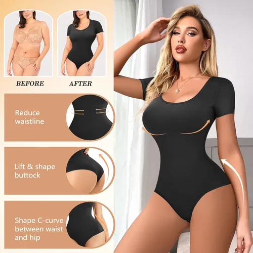 Vista 4 de Irisnaya - Leotardo para mujer con control de abdomen moldeador tanga cuello redondo y manga corta