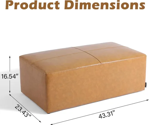Vista 2 de Otomana rectangular de cuero auténtico, mesa de centro con botones marrones con patas, taburete tapizado para reposapiés para sala de estar