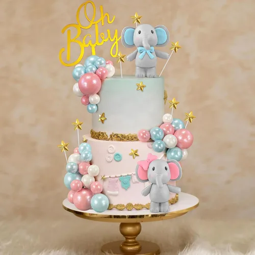 Vista 3 de 49 piezas de decoración de pastel de elefante, bolas de perlas, púas de pastel, mini botella de leche, decoración de pastel de estrella