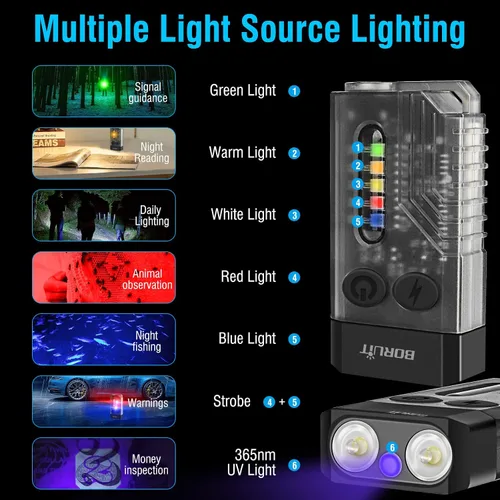 Vista 4 de BORUIT V10 Pequeño llavero potente linterna y V7 LED mini linterna con clip