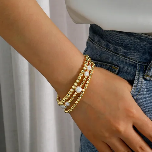 Vista 4 de Pulsera de cuentas de oro para mujer, apilable, chapada en perlas, juego de pulseras elásticas para mujer, a la moda