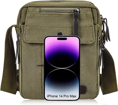 Vista 6 de Bolso bandolera pequeño para hombres y mujeres, bolso de hombro de lona vintage, bolso cruzado de viaje, bolso cruzado con múltiples bolsillos