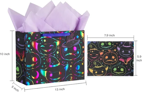 Vista 7 de LeZakaa Bolsa de Regalo Holográfica para Niños, Niños y Niñas, Sombrero de Bruja de Calabaza Malvada de Arcoíris en Diseño Negro con Papel de Seda