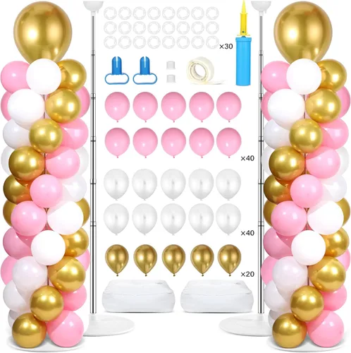 Vista 22 de Juego de 2 soportes de columna de globos plateados y blancos con 100 globos plateados con base para globos de confeti de suelo, kit de columna