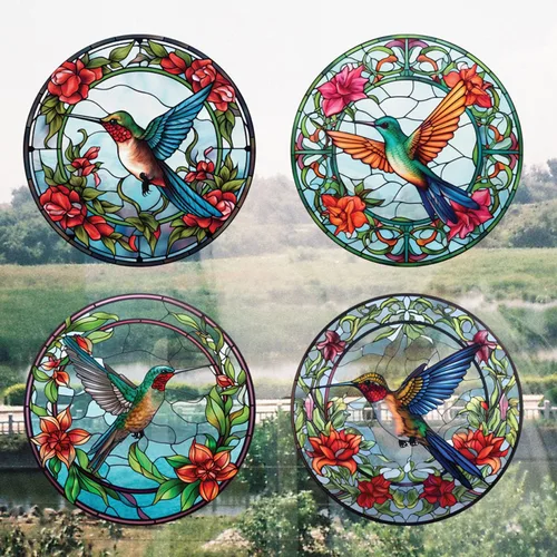 Vista 2 de 4 hojas de calcomanías para ventana de colibrí, decoración de pared para Halloween, otoño, decoración de Navidad para el hogar, café