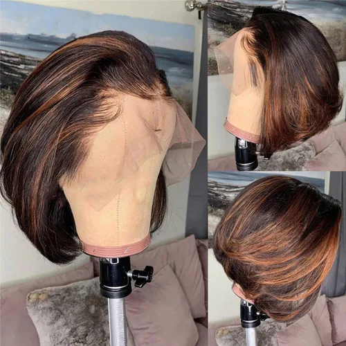 Vista 10 de Pelucas de cabello humano con reflejos #1B/27, mezcla de rubios, color natural, con abuelitos, invisible HD, 13x4, encaje frontal, pelucas